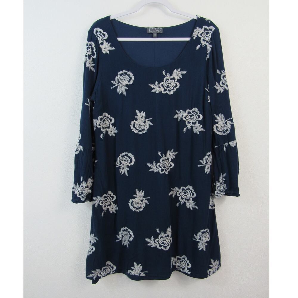 Luxology XL Blue Dress White Embroidered Flowers Scoop Neck Long Bell Sleeves